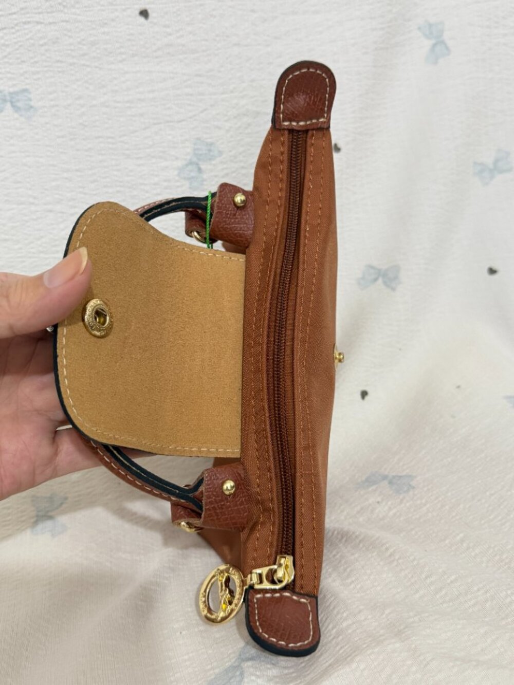 rown Longchamp Mini Le Pliage Handbag with Detachable Strap - Picture 7 of 8